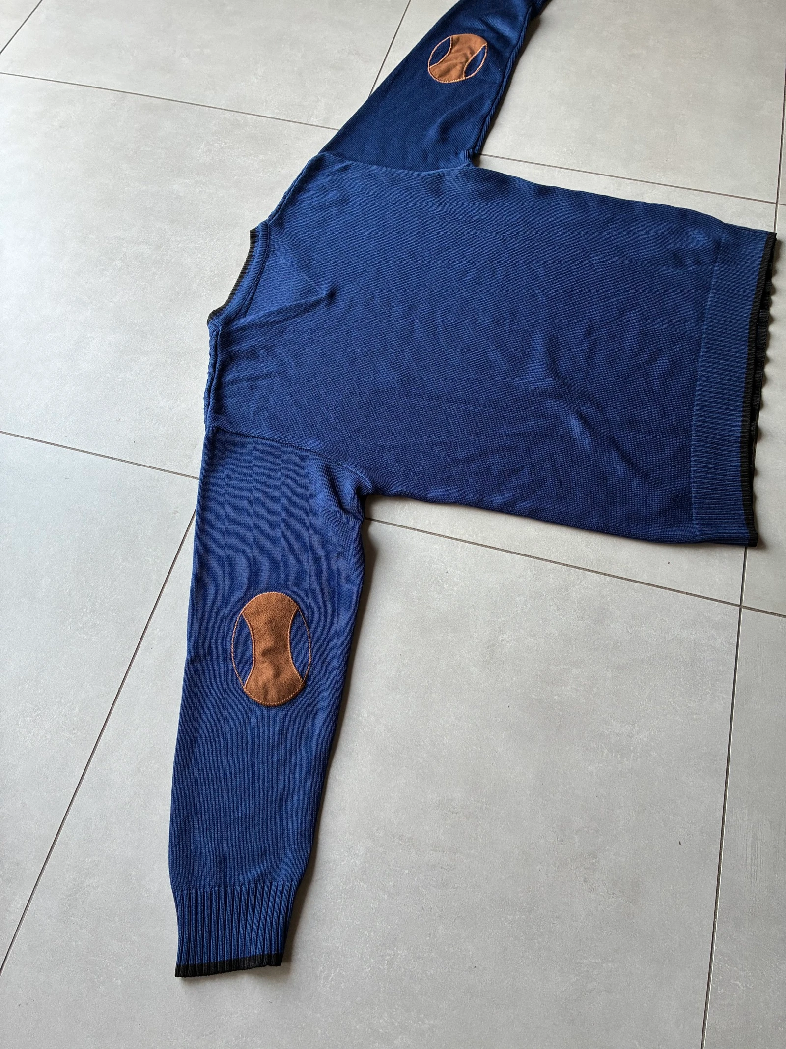 Polo Ralph Lauren Suéter Azul Gola Redonda Texturizado Vintage Y2K Logo Bordado Marrom Remendo nos Cotovelos – photo 11